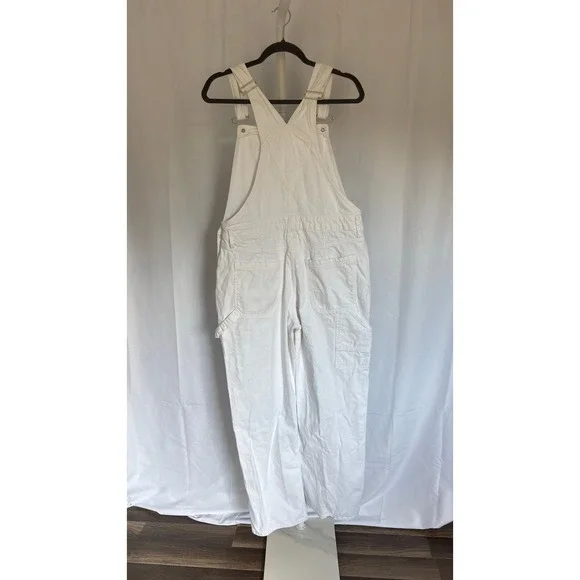 $159 NWT GOOD AMERICAN White Denim Bib Overalls Cropped Straight Leg Women 14 32